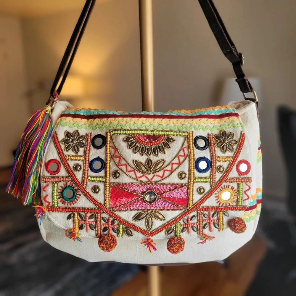 Embroidered Boho Canvas Crossbody Bag – Colourful Beaded Shoulder Bag - Flawed